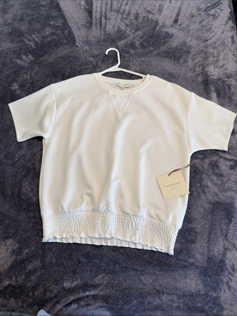 Cynthia Rowley White Short-Sleeve Smocked-Hem Sweatshirt